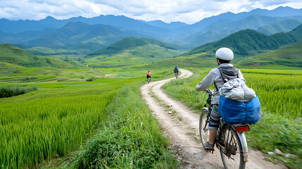 Obraz premium Biking adventure through scenic rice terraces vietnam nature photography lush landscape wide angle exploration