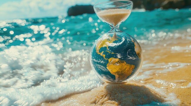 The album cover art depicts an hourglass with the Earth inside it, with golden sand falling from the top to the bottom, in a beautiful sea taken using - Powered by Adobe