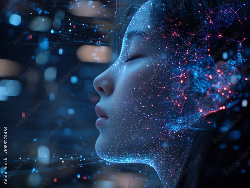 Poster profile of a young woman with a glowing digital neural network overlay on her face symbolizing conne