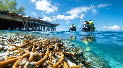 Underwater exploration coral reef scuba diving tropical ocean close-up marine conservation