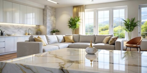 Fototapeta premium A Modern Living Room With a Marble Table, A Gold-Topped Decorative Object, and a White Sectional Sofa