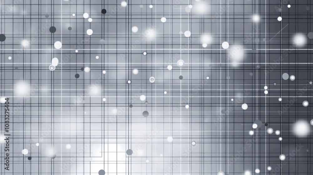 Poster abstract gray background with white lines and glowing dots.