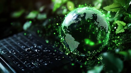 A glowing green earth globe hovers over a laptop keyboard with leaves in the background.