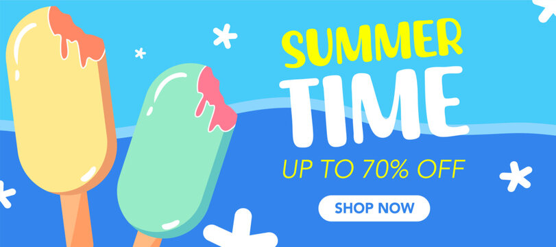 Trendy summer season template for banner, poster, cover, card, web with colorful ice cream and typography sale design in blue background. Seasonal holidays, vacation travel vector illustration.