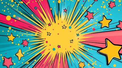 Fototapeta premium Bright and colorful comic explosion with stars and rays on a vibrant background