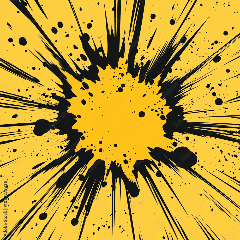 Aufkleber bright yellow background with black explosive paint splatter creating dynamic visual energy