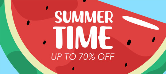 Trendy summer season template for banner, poster, cover, web with watermelon fruit slice and typography sale design in red, blue background. Seasonal holidays, vacation travel vector illustration.