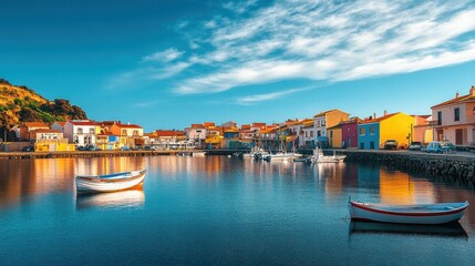 Fototapeta premium A picturesque view of a charming seaside village with colorful houses and fishing boats anchored in a calm harbor, Seaside village scene, Idyllic style