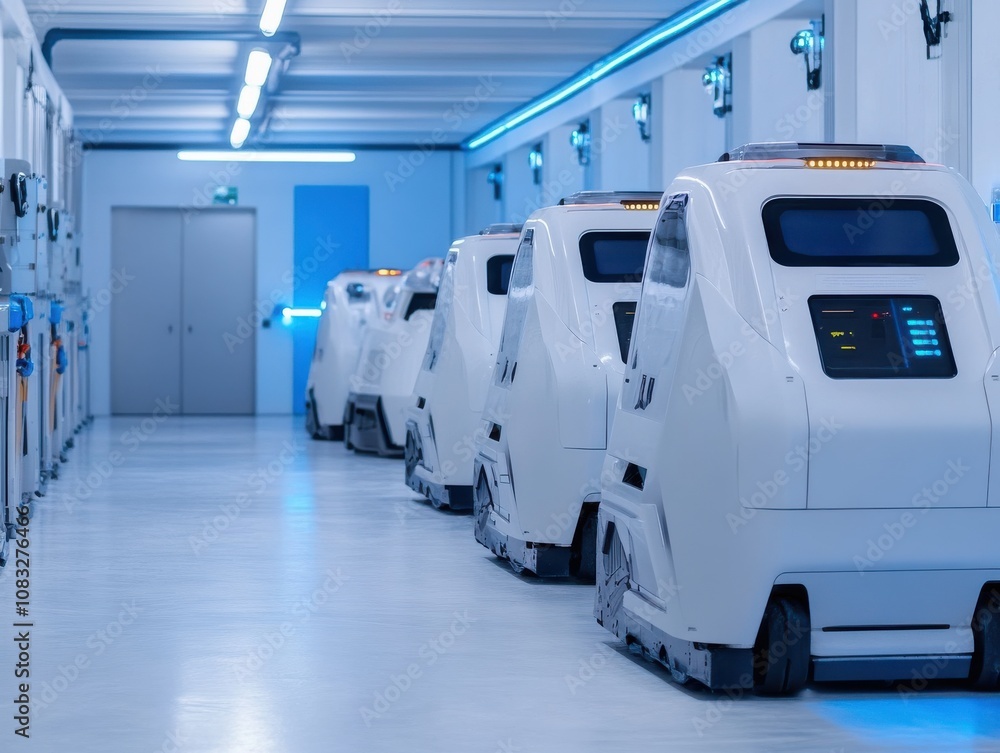 Aufkleber modern automated robots lined up in a sleek futuristic space.