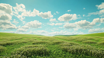 Obraz premium Lush green meadow under a bright blue sky filled with fluffy clouds on a sunny day