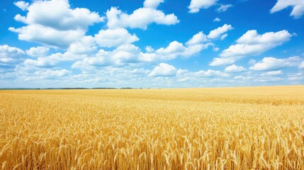 Naklejka premium A picturesque view of a golden wheat field stretching to the horizon under a clear blue sky with fluffy white clouds, Wheat field scene, Sunny style