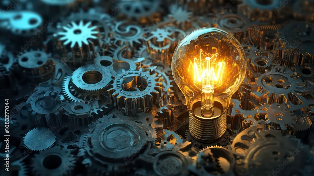 Aufkleber glowing light bulb surrounded by a complex system of interlocking mechanical gears and cogs symboliz