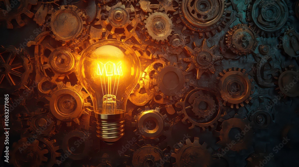 Aufkleber glowing light bulb surrounded by a complex system of interlocking mechanical gears and cogs symboliz