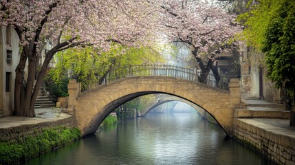 Fototapeta premium A picturesque view of a historic stone bridge arching over a peaceful canal lined with blossoming trees, Stone bridge scene, Elegant style