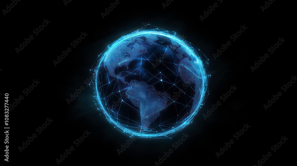 Wall mural a glowing blue digital globe with a mesh network of lines and dots, against a black background.