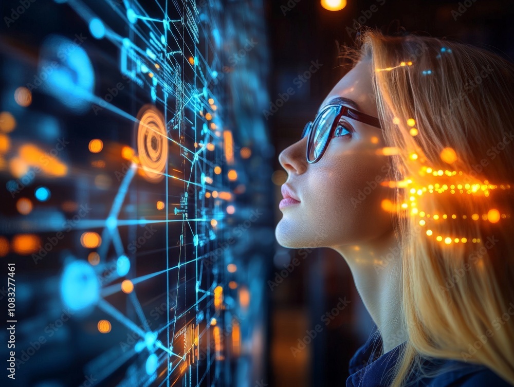 Poster woman observing a digital interface with holographic data overlays representing advanced technology 