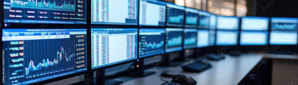 Poster modern trading room with multiple monitors displaying market data.