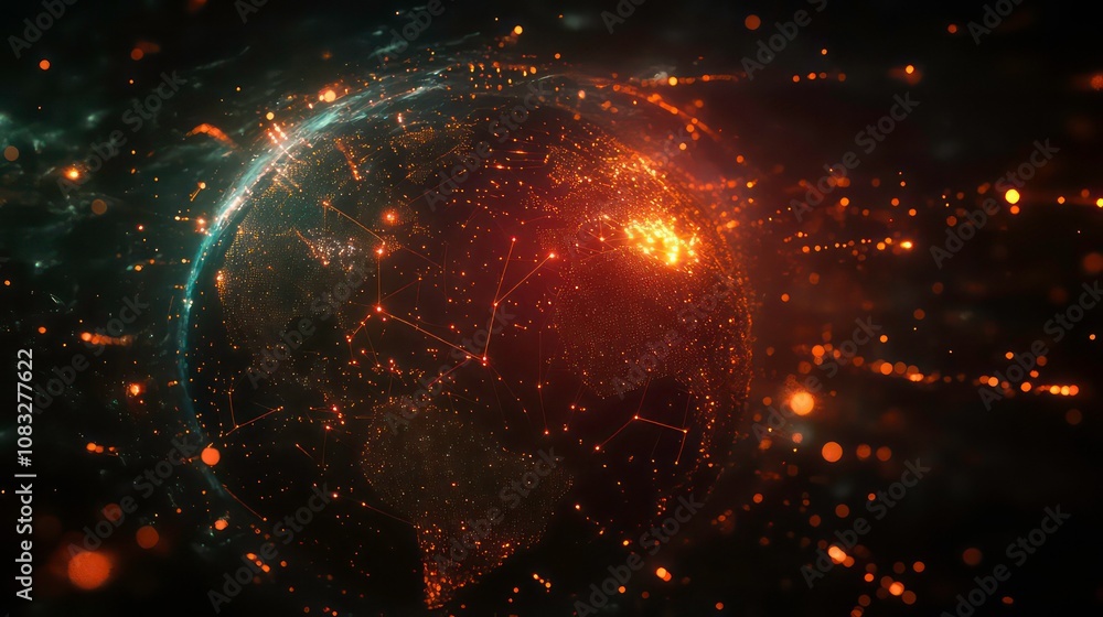 Poster glowing connected digital globe abstract, global connectivity, network communication, technology lig