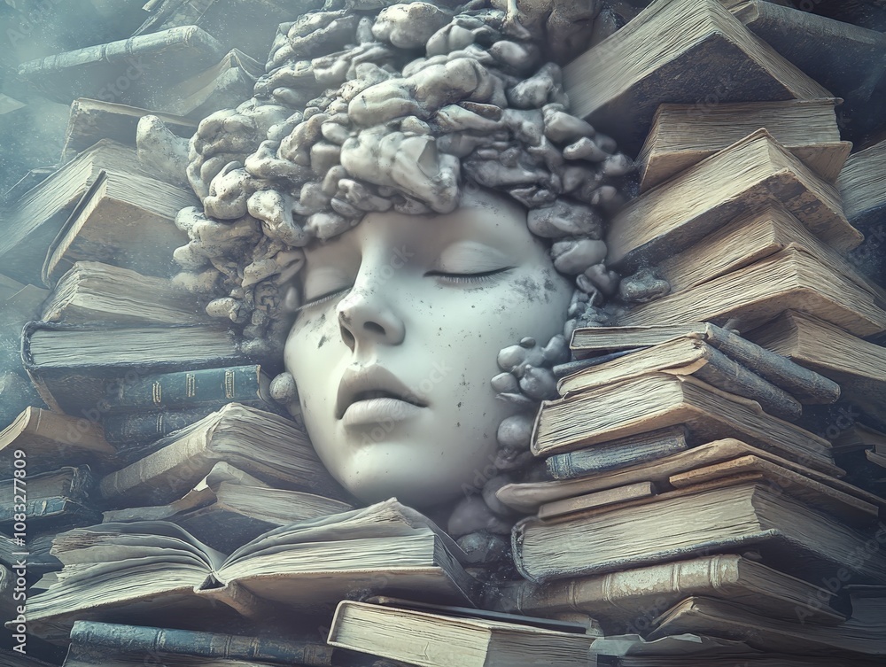 Poster abstract sculpture of a face emerging from a stack of books symbolizing creativity intellectual dept
