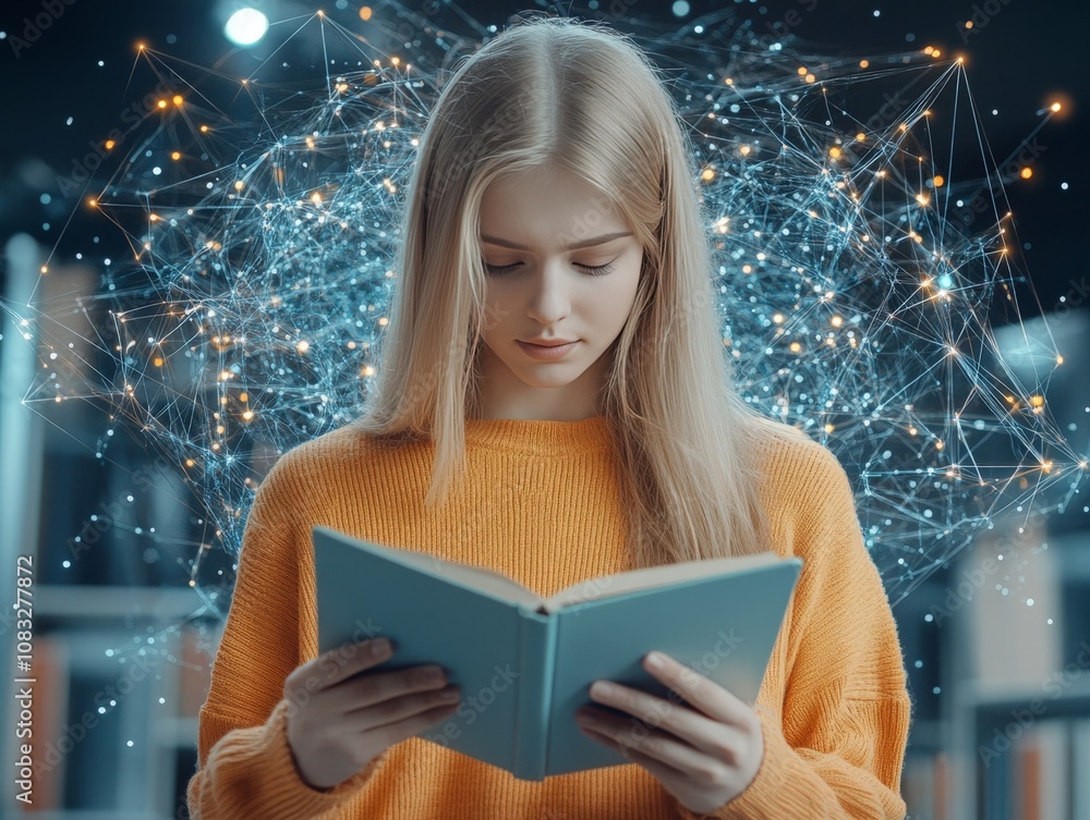 Aufkleber minimalist concept of a woman reading a glowing book highlighted by neural pathways and abstract dig