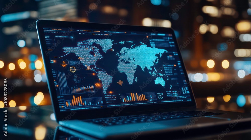 Poster laptop with a world map displayed on the screen with data and charts.