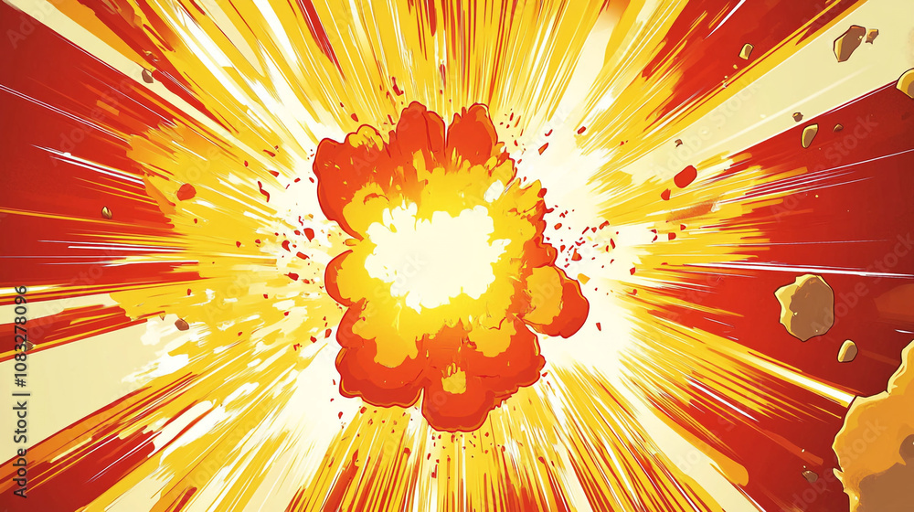 Poster explosion in a vibrant animated style with intense colors and dynamic lines depicting energy burst