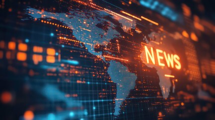 A digital world map with the word "NEWS" in large, glowing letters, representing the global spread of information.