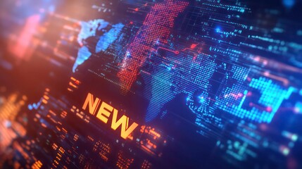 A digital world map with the word "NEW" in front of it, suggesting global news and information.