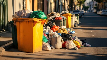 Fototapeta premium Overflowing trash bins on a city street, highlighting waste management.