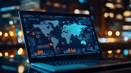 Laptop with a world map displayed on the screen with data and charts.