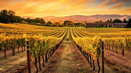 Fototapeta premium A picturesque view of a vineyard at sunset, with rows of grapevines bathed in golden light and a rustic winery in the background, Vineyard at sunset scene