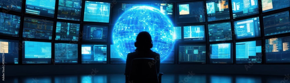 Poster person observing a futuristic digital interface and data display.