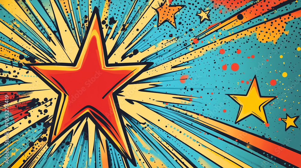 Poster bright red star bursting with colorful rays on a vibrant background full of splatters and dots