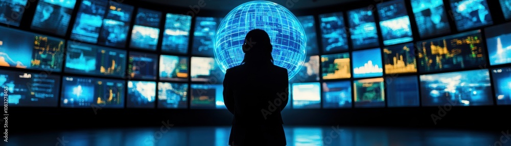 Poster person observing digital data visuals on multiple screens.