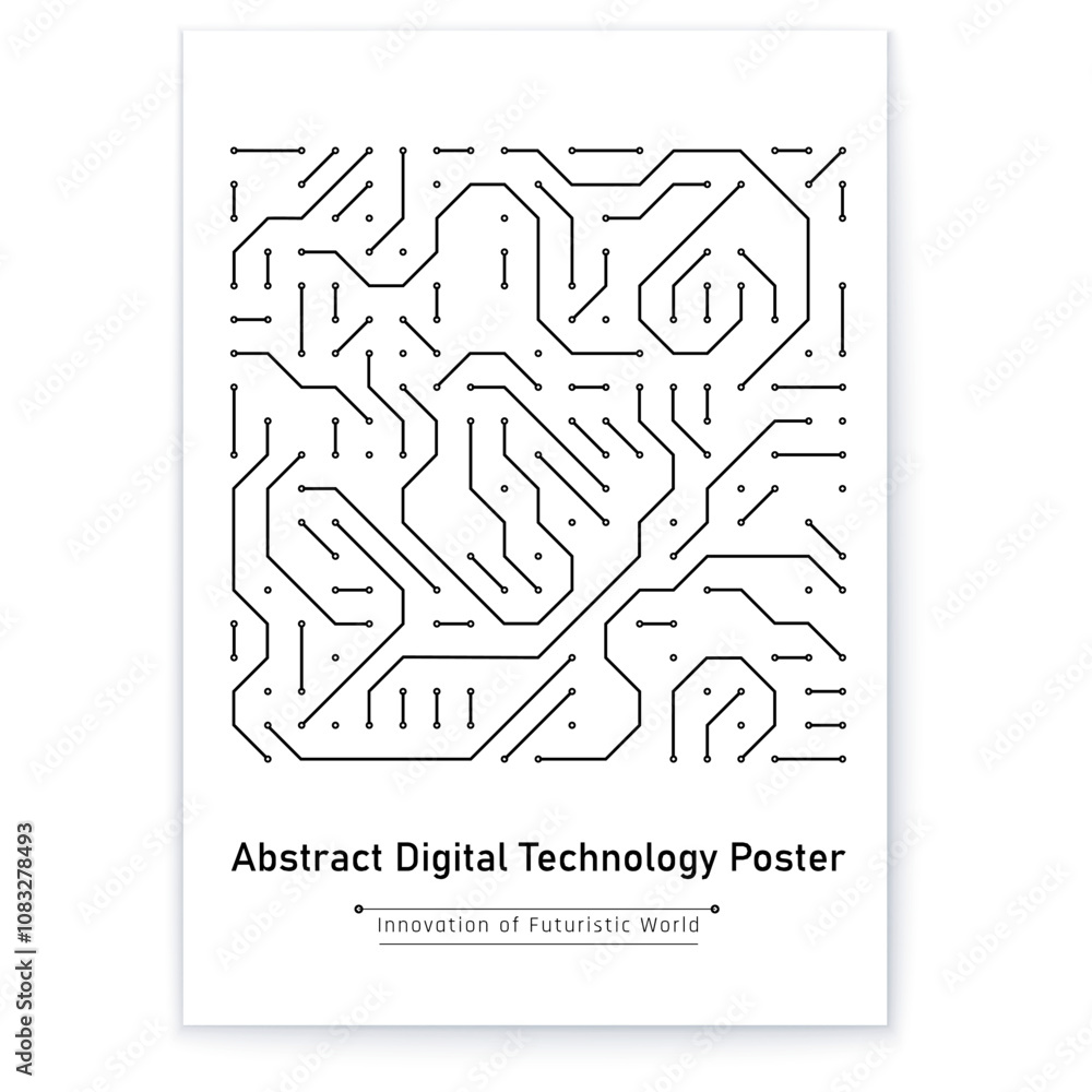 Poster poster with black lines and various dots printed on it