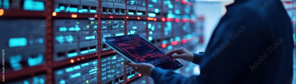 Poster professional analyzes data on a tablet in a server room.
