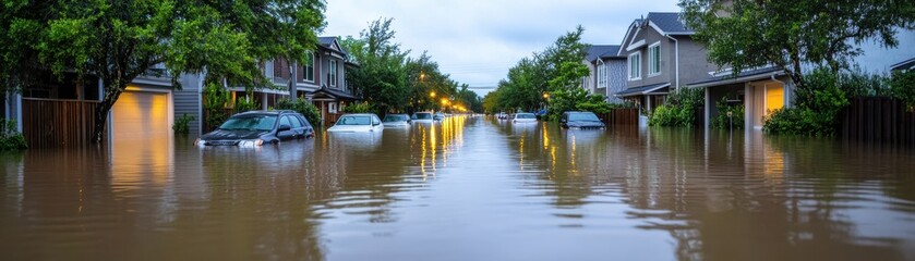Obraz premium Residential street submerged in floodwater after heavy rainfall.