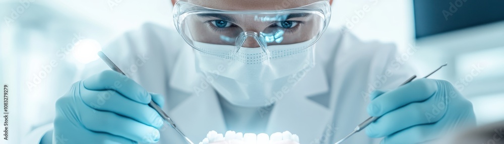 Poster scientist examining sample in laboratory with precision tools.