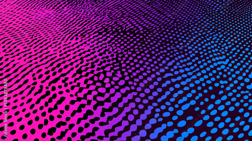 Poster Colorful abstract pattern with gradient waves and dots on a dark background in bright hues