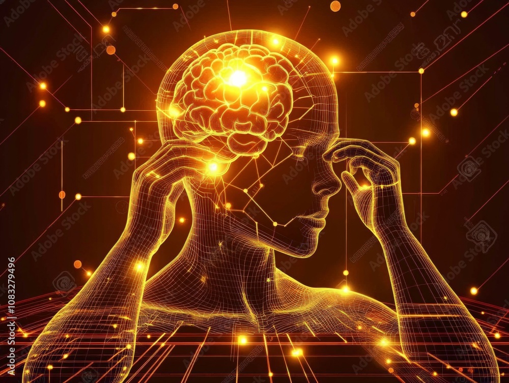 Aufkleber futuristic illustration of a glowing golden brain surrounded by neural circuits symbolizing innovati