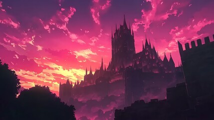 Naklejka premium A dramatic sunset illuminates a towering castle silhouette against vibrant clouds.