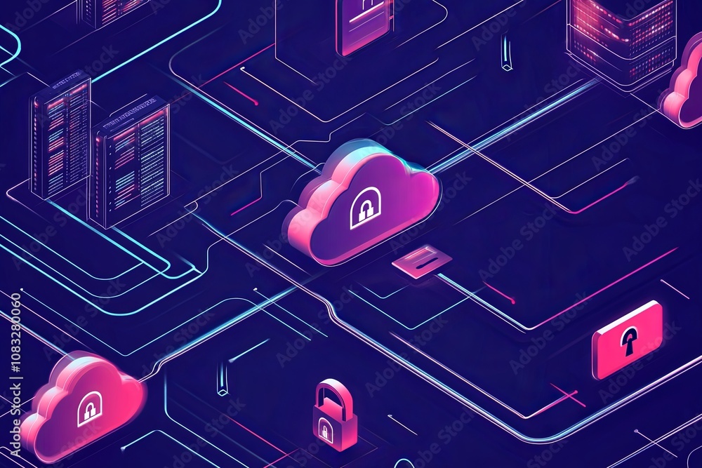 Poster colorful digital network of clouds and data security symbols depicting modern cybersecurity concepts