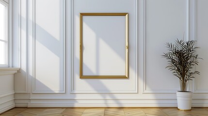 A minimalist interior with a blank frame on the wall and a potted plant, emphasizing simplicity and elegance.