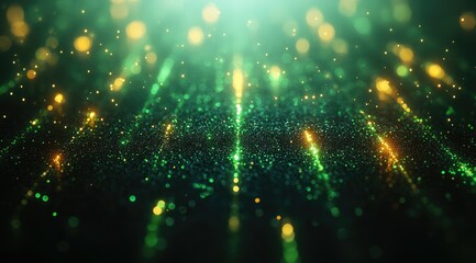Obraz premium Abstract green and gold glowing particles background with bokeh lights.