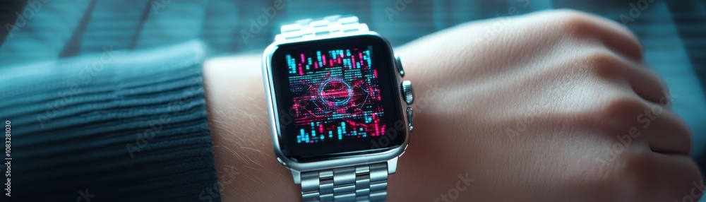 Poster stylish smartwatch displaying vibrant digital interface.