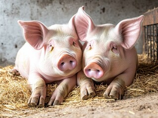 Two cute pigs relaxing together in a cozy barn setting.