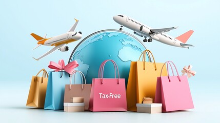Tax free concept.The image depicts colorful shopping bags around a globe, with planes flying above, symbolizing international travel and tax-free shopping.
