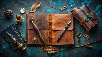 Naklejka premium A Vintage Leather Bound Journal with an Ornate Pen, a Pocket Watch, and Other Antique Objects on a Rustic Blue Surface