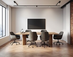 Modern office with blank wall for poster display and meeting layout.