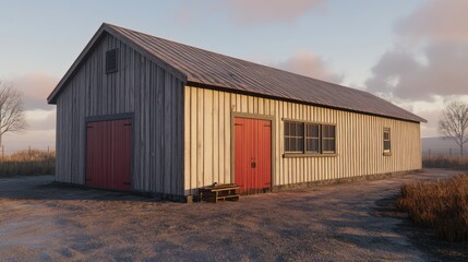 Fototapeta premium A rustic wooden barn with red doors in a serene landscape.